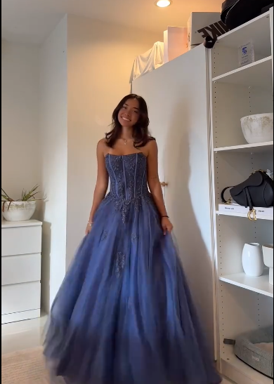 Strapless A Line Tulle Long Prom Dress Formal Party Gown J9214