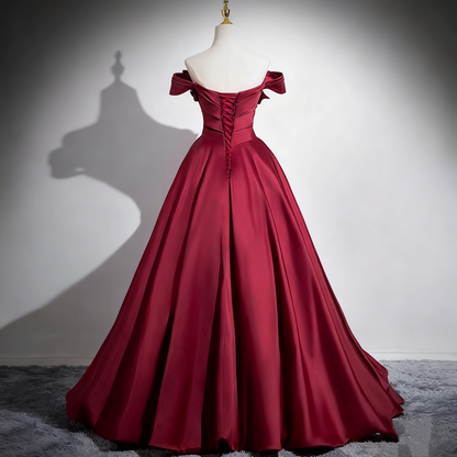 Off The Shoulder Burgundy Satin Prom Dress A Line Elegant Party Dress J9243