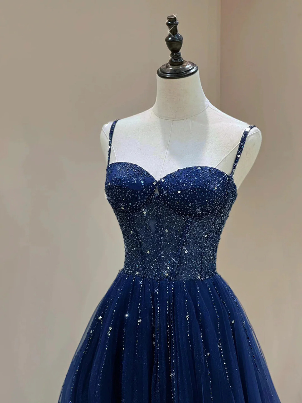 Spaghetti Straps Navy Blue Tulle Prom Dress A Line Graduation Dress J9244