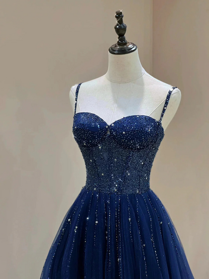 Spaghetti Straps Navy Blue Tulle Prom Dress A Line Graduation Dress J9244