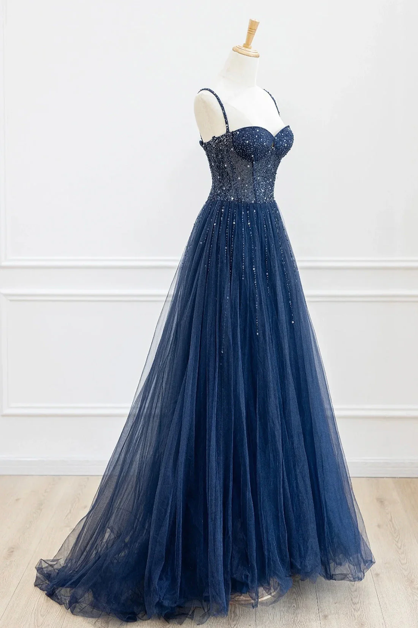 Spaghetti Straps Navy Blue Tulle Prom Dress A Line Graduation Dress J9244