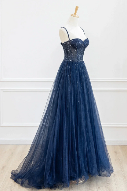 Spaghetti Straps Navy Blue Tulle Prom Dress A Line Graduation Dress J9244