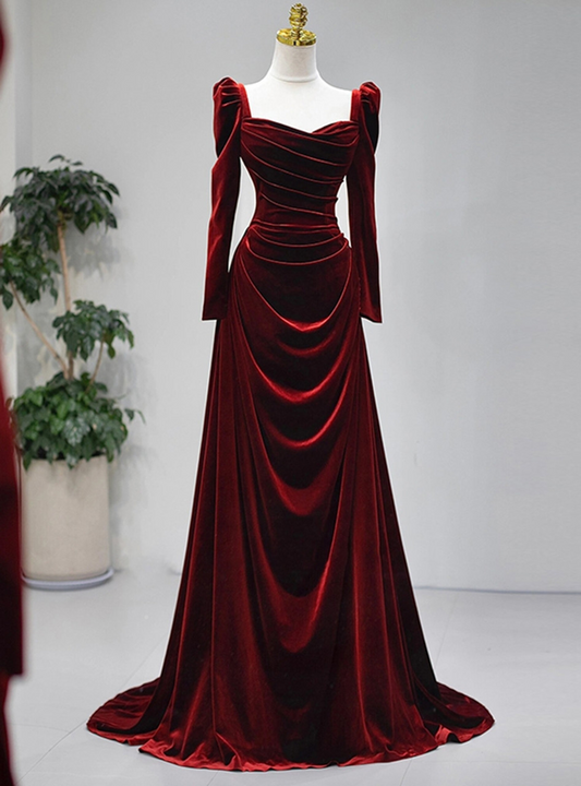 Burgundy Velvet Long Sleeve Pleats Square Neck Prom Dress J9246