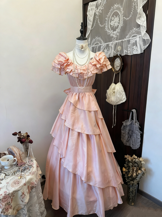 Vintage Pink Evening Dress A-Line Ruffled Tiered Long Prom Dress J9248