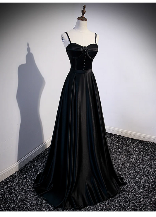 Black Satin A-Line Evening Gown Sweetheart Spaghetti Strap Long Prom Dress J9260