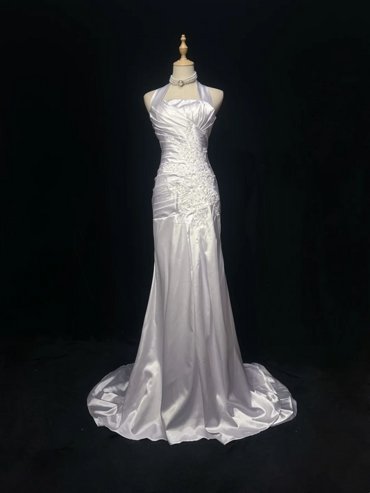 Halter Mermaid Satin Wedding Dress Appliques Formal Evening Dress J9263