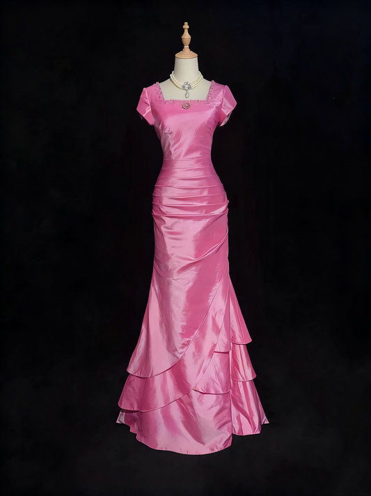 Pink Mermaid Layered Prom Dress Satin Vintage Formal Party Dress J9272