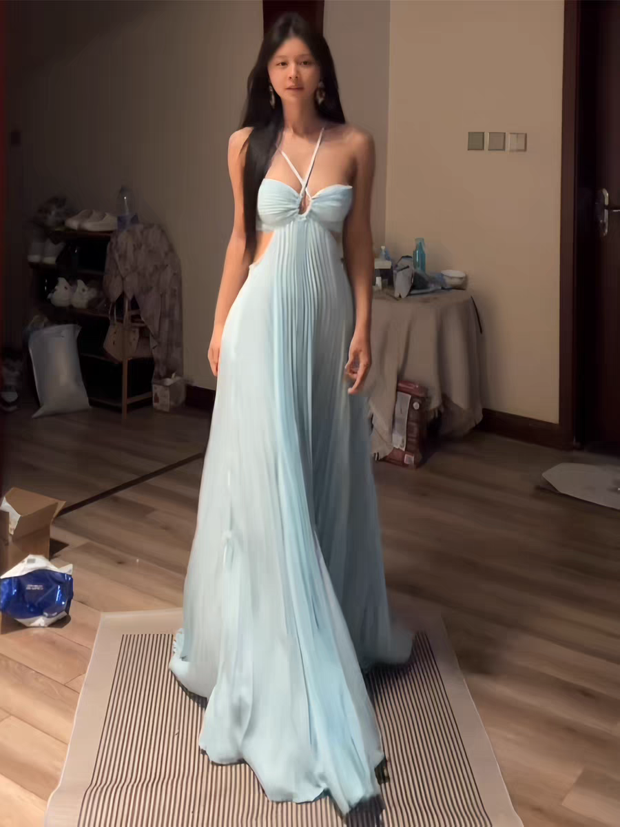A Line Blue Pleated Long Prom Dress Formal Wedding Guest Dress J9275