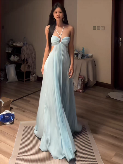 A Line Blue Pleated Long Prom Dress Formal Wedding Guest Dress J9275