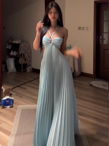 A Line Blue Pleated Long Prom Dress Formal Wedding Guest Dress J9275