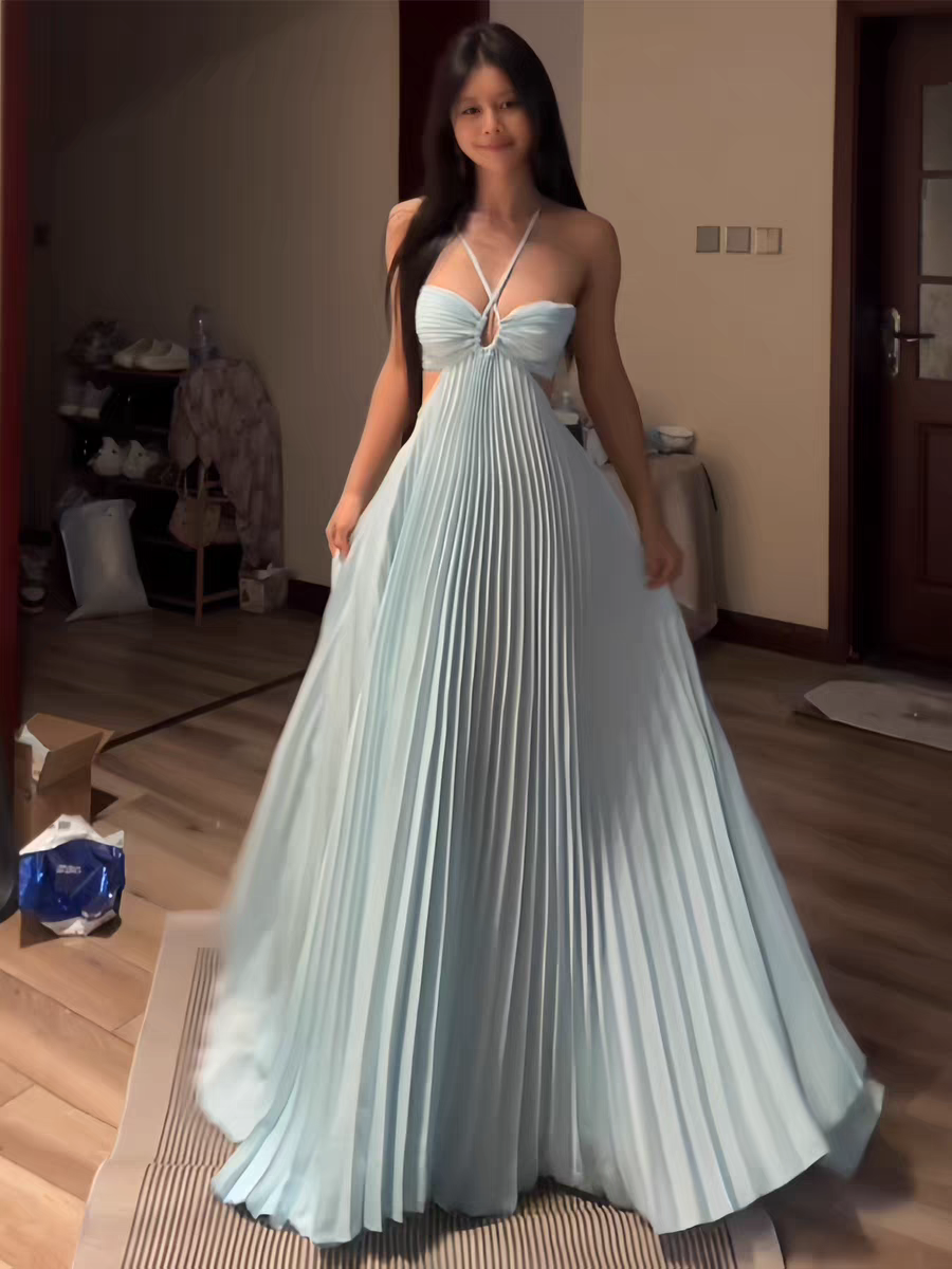 A Line Blue Pleated Long Prom Dress Formal Wedding Guest Dress J9275