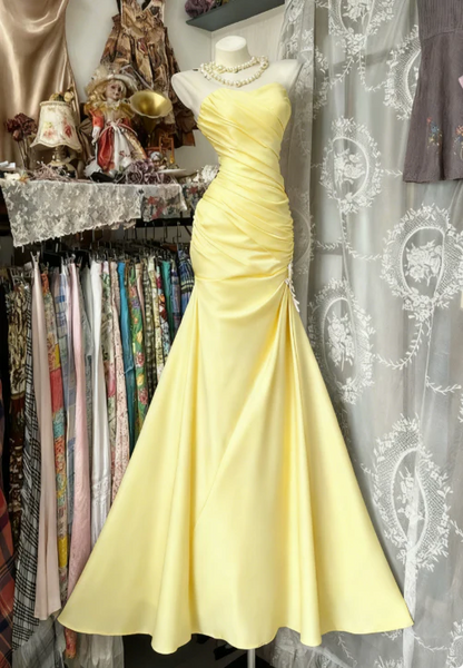 Sweetheart Mermaid Satin Long Prom Dresses Yellow Evening Dresses J9284