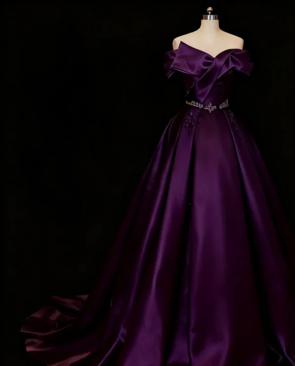 Off The Shoulder A-Line Long Prom Dresses Satin Purple Evening Dresses  J9287