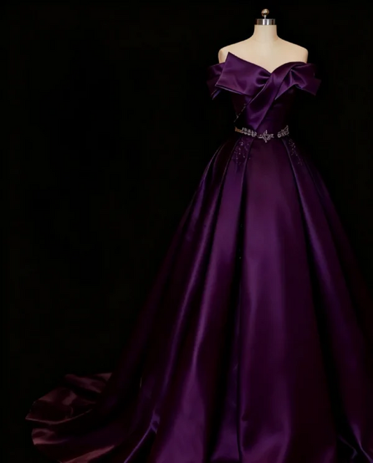 Off The Shoulder A-Line Long Prom Dresses Satin Purple Evening Dresses  J9287