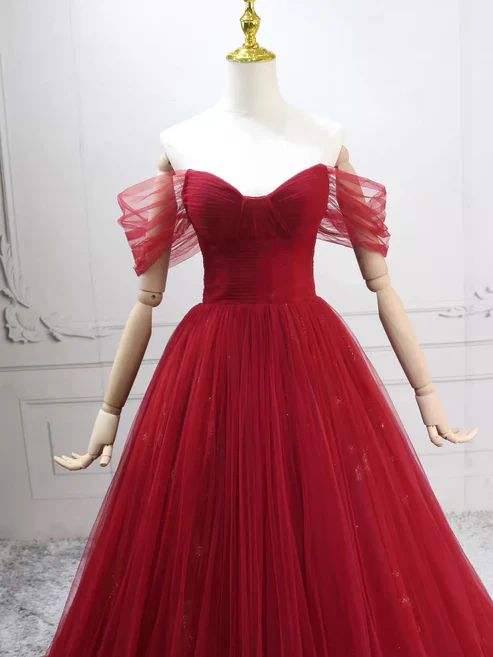 Elegant Off-Shoulder A-Line Tulle Long Prom Dresses Burgundy Formal Evening Dresses  J9289