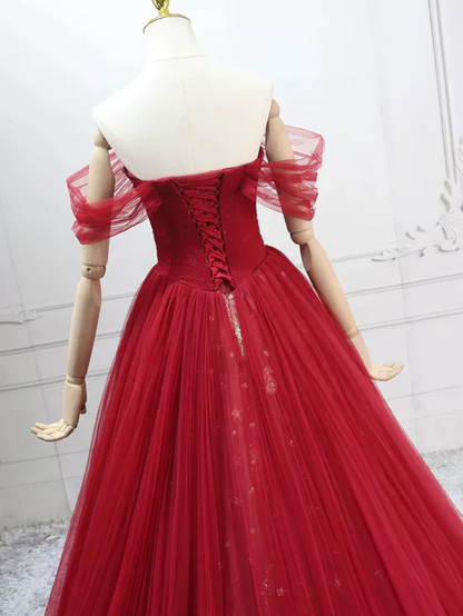 Elegant Off-Shoulder A-Line Tulle Long Prom Dresses Burgundy Formal Evening Dresses  J9289