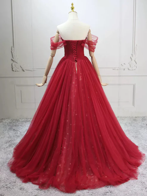 Elegant Off-Shoulder A-Line Tulle Long Prom Dresses Burgundy Formal Evening Dresses  J9289