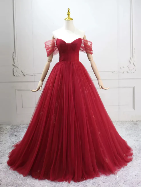 Elegant Off-Shoulder A-Line Tulle Long Prom Dresses Burgundy Formal Evening Dresses  J9289
