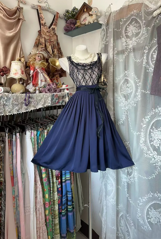 Navy Blue A Line Birthday Dress Black Lace Short Party Dress J9298