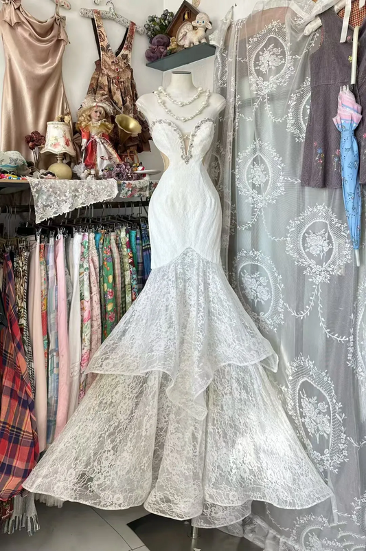 Sweetheart Mermaid Lace Wedding Dress Beaded White Evening Dress J9301