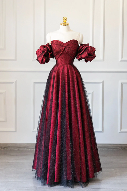 A line Off The Shoulder Burgundy Tulle Long Evening Dress Prom Dresses J9315