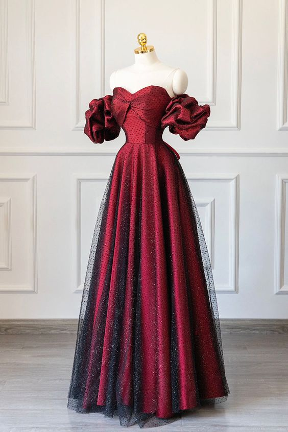 A line Off The Shoulder Burgundy Tulle Long Evening Dress Prom Dresses J9315