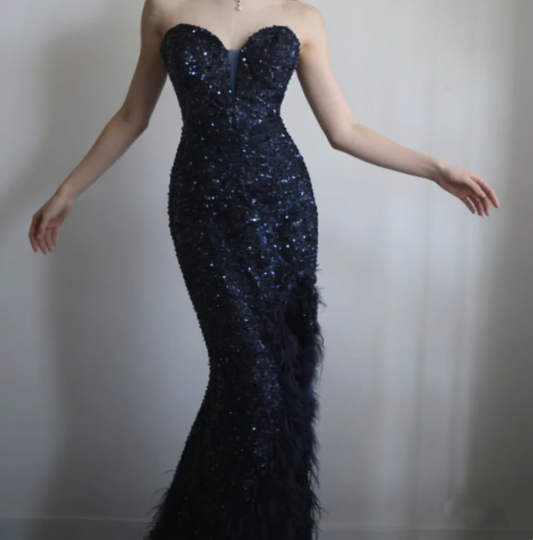 Robe de soirée fourreau noire sexy longue avec fente J8826