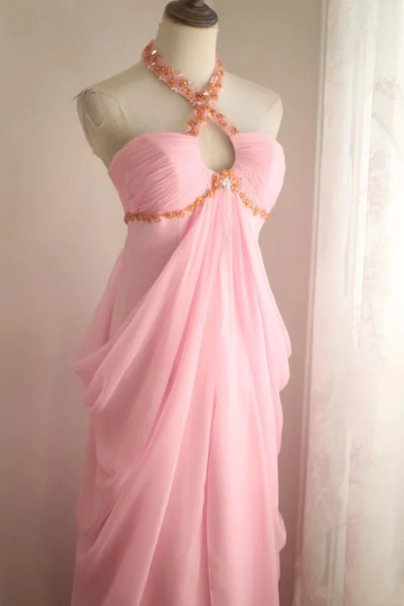 Halter A Line Pink Chiffon Prom Dress Formal Party Dress Birthday Dress J9326