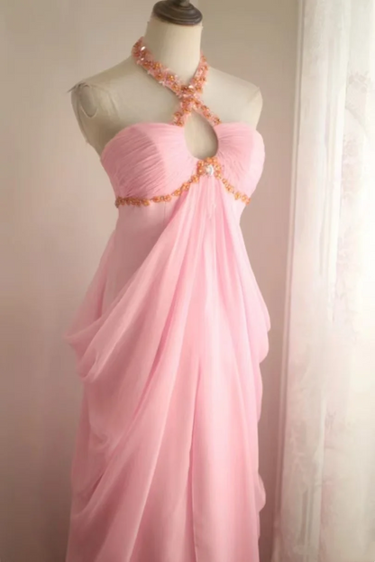 Halter A Line Pink Chiffon Prom Dress Formal Party Dress Birthday Dress J9326