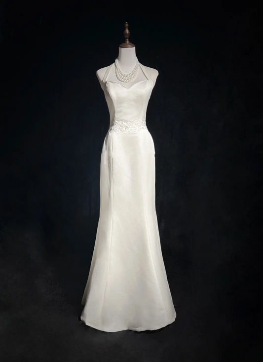 Halter White Mermaid Wedding Dress Satin Applique Bridal Dress J9333