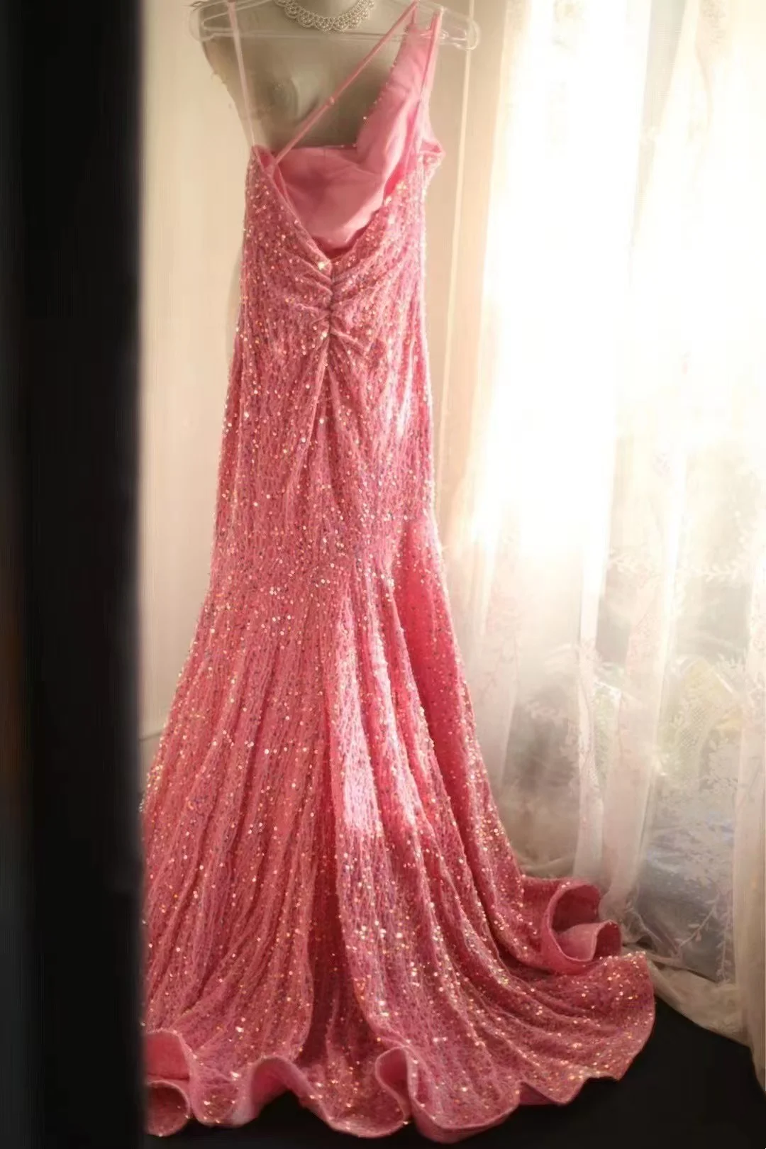 One Shoulder Pink Sequin Mermaid Prom Dress Sparkle Evening Dress J9344