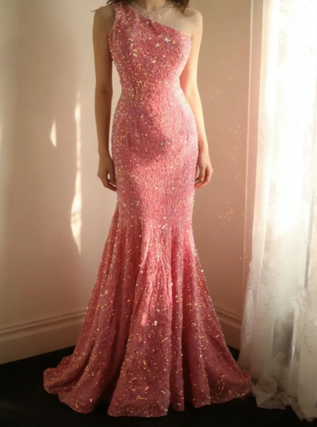 One Shoulder Pink Sequin Mermaid Prom Dress Sparkle Evening Dress J9344