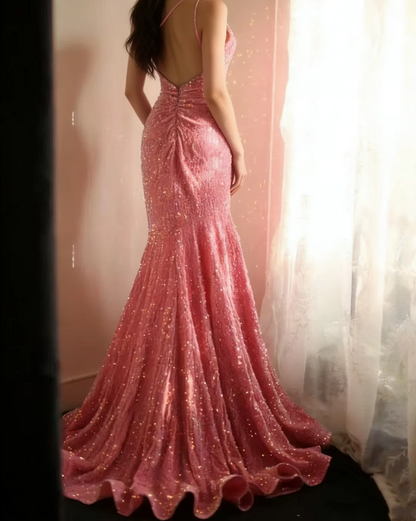 One Shoulder Pink Sequin Mermaid Prom Dress Sparkle Evening Dress J9344