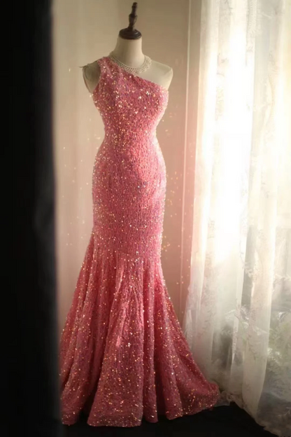 One Shoulder Pink Sequin Mermaid Prom Dress Sparkle Evening Dress J9344