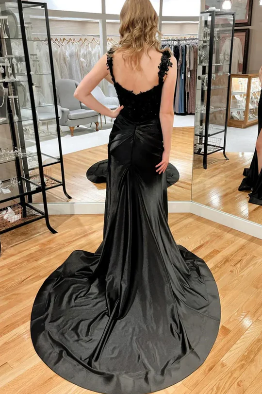 Black Mermaid Appliques Pleated Side Slit Long Prom Dress J9349