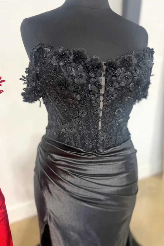 Black Mermaid Appliques Pleated Side Slit Long Prom Dress J9349