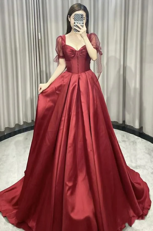 A line Sweetheart Burgundy Satin Evening Dress Prom Dress J9350