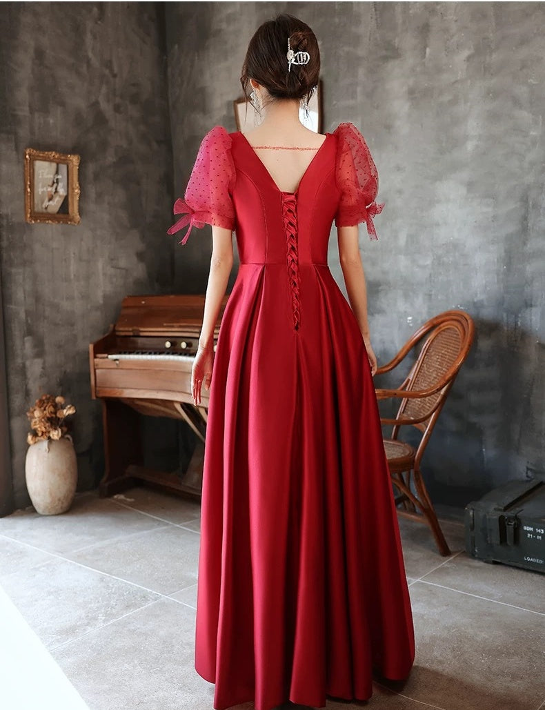 Rosa Etuikleid, lang, mit Seitenschlitz, Satin, formelles Kleid J8820