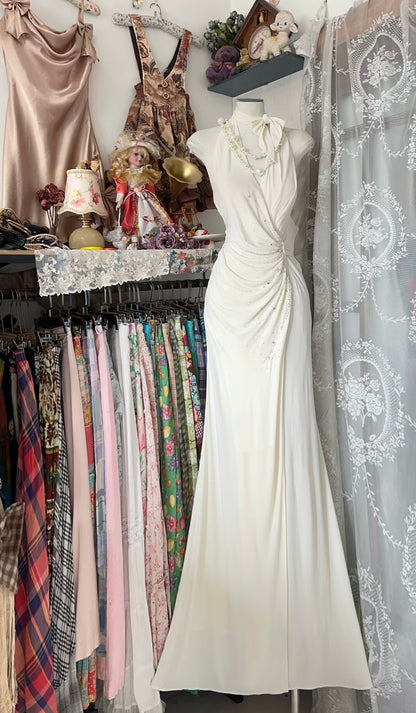 V Neck Ivory Prom Dress Backless Evening Dress J9352