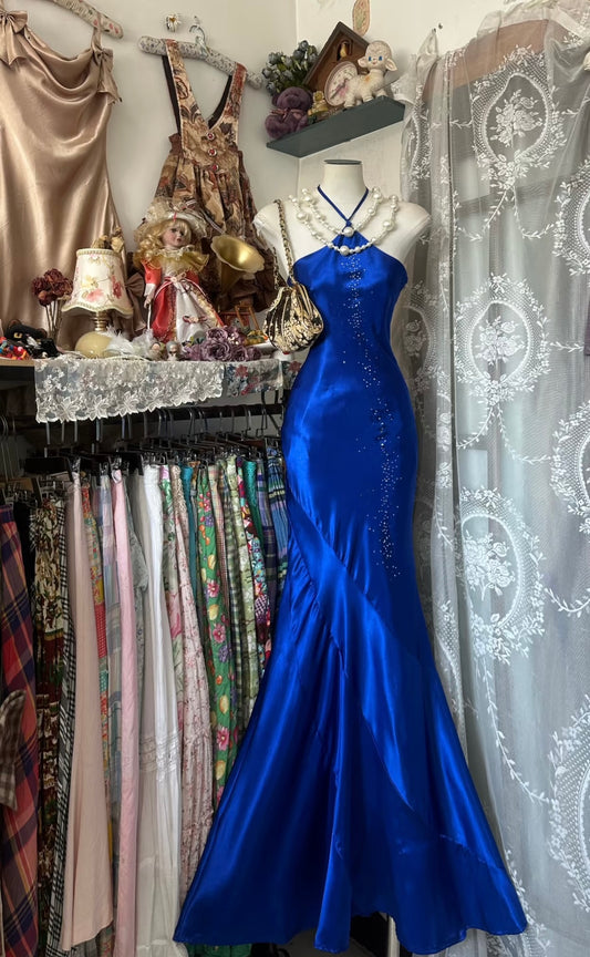 Royal Blue Halter Prom Dress Satin Evening Dress Formal Party Dress J9353