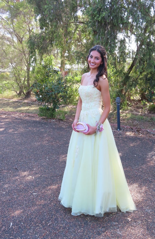 Strapless A Line Yellow Prom Dress Tulle Evening Dress J9355