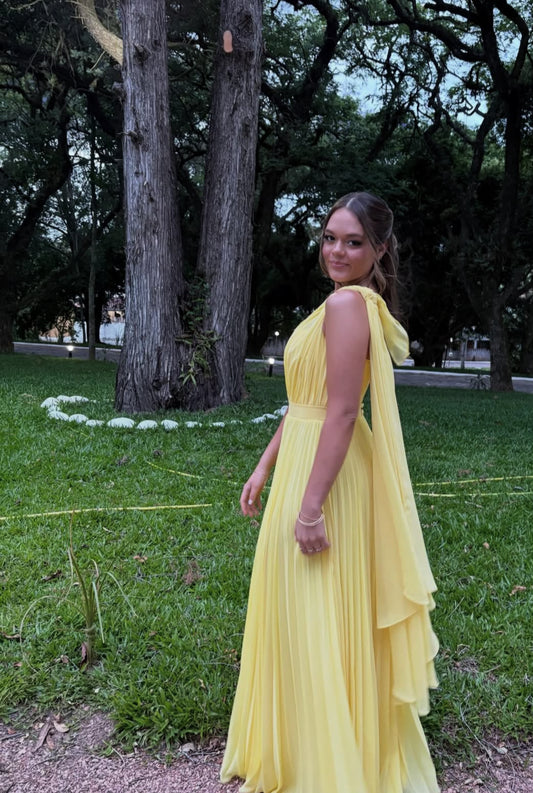 One Shoulder Chiffon A Line Yellow Prom Dress Formal Evening Dress J9356