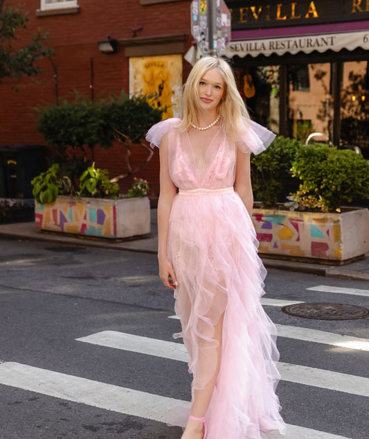 V Neck Pink Ruffle A Line Prom Dress Formal Evening Dress J9357