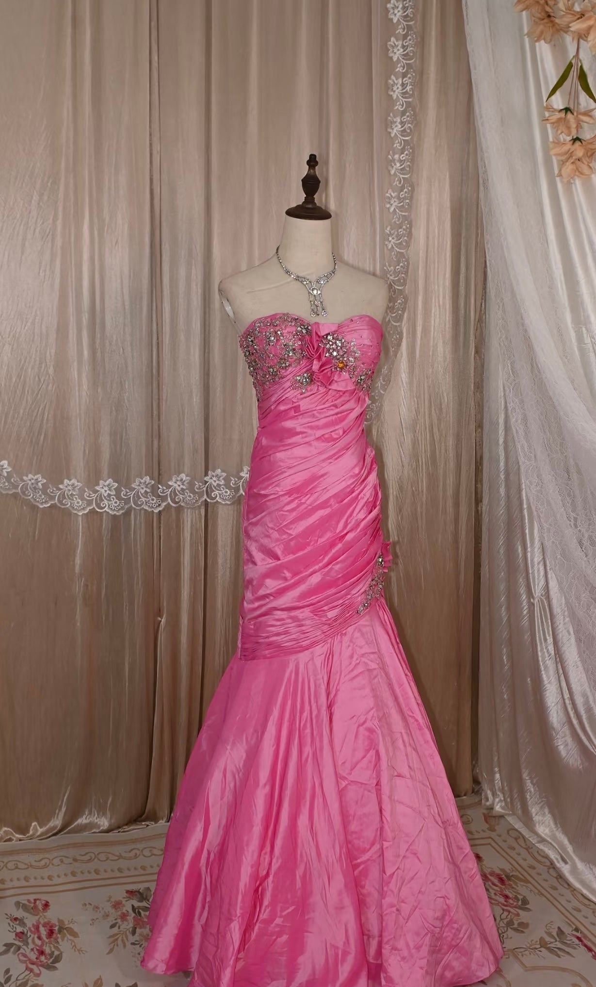 Hot Pink Mermaid Prom Dress Satin Evening Gown Formal Dress J9363