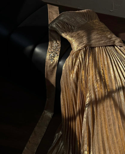 Robe de bal plissée dorée sans bretelles, robe de soirée formelle J9366