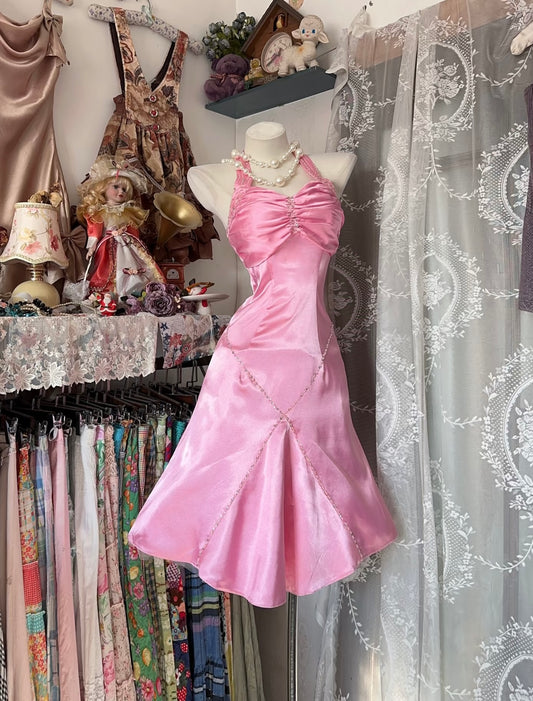 Kurzes, pinkes Satin-Halterkleid, süßes Geburtstagskleid J9368