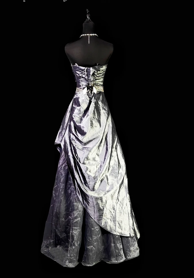 Trägerloses silbernes Vintage-Abendkleid, A-Linie, Geburtstagskleid J9370