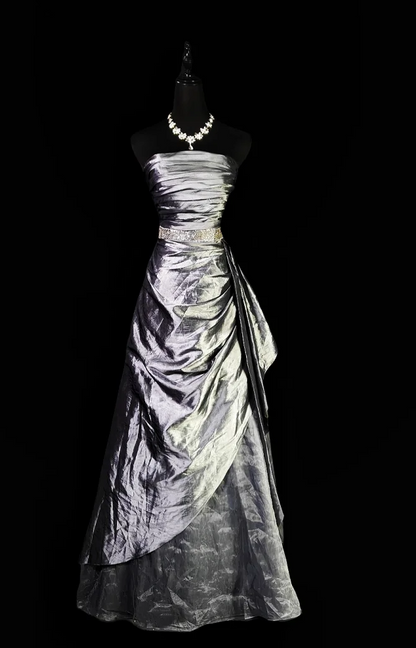 Trägerloses silbernes Vintage-Abendkleid, A-Linie, Geburtstagskleid J9370