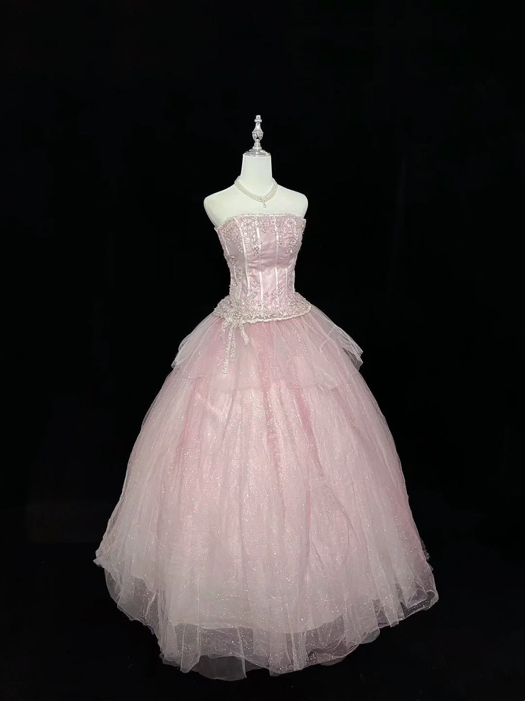 Trägerloses silbernes Vintage-Abendkleid, A-Linie, Geburtstagskleid J9370