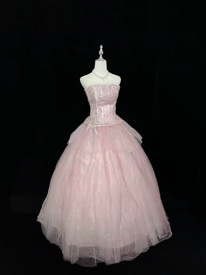 Trägerloses silbernes Vintage-Abendkleid, A-Linie, Geburtstagskleid J9370